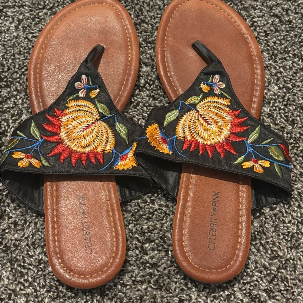 Celebrity Pink Embroidered Black Sandals
